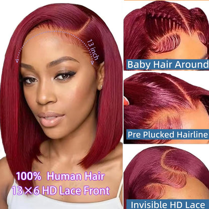 99J Burgundy Straight Short Bob Wig – 13x4 & 13x6 Transparent Lace Front Human Hair