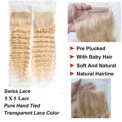 5X5 HD Lace Closure 613 Blonde Human Hair Deep Wave Swiss Lace, Skin-melt Lace, Invisible Lace – Virgin Remy Hair