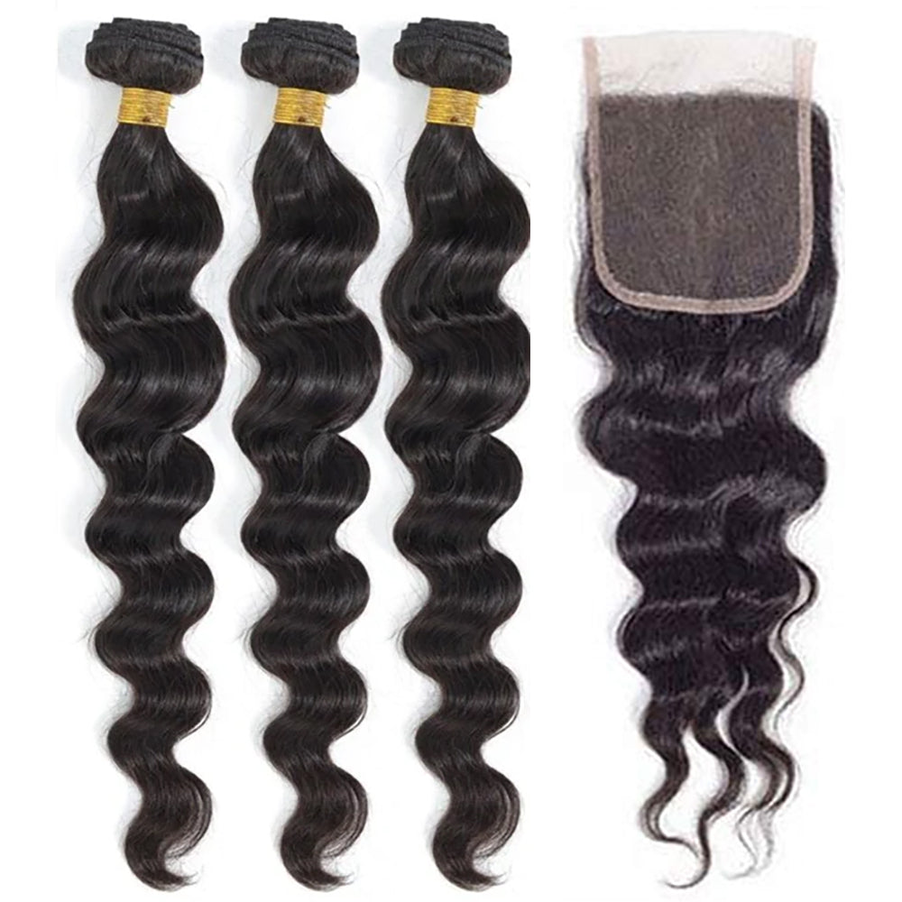 3 Bundles with 5x5 HD Lace Closure Loose Wave 100% Virgin Human Hair