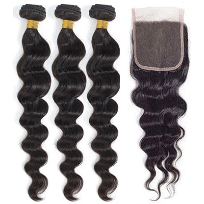 3 Bundles with 5x5 HD Lace Closure Loose Wave 100% Virgin Human Hair