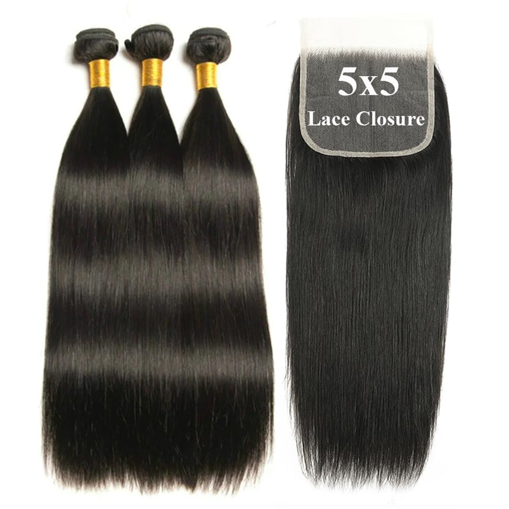 3 Bundles with 5x5 HD Lace Closure Straight 100% Virgin Human Hair