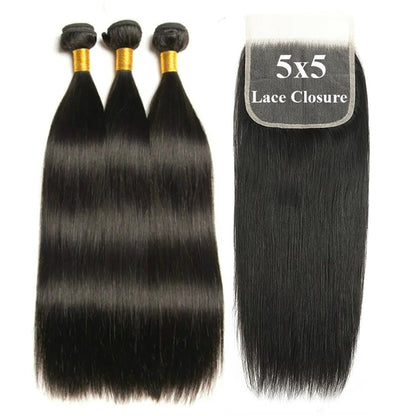 3 Bundles with 5x5 HD Lace Closure Straight 100% Virgin Human Hair