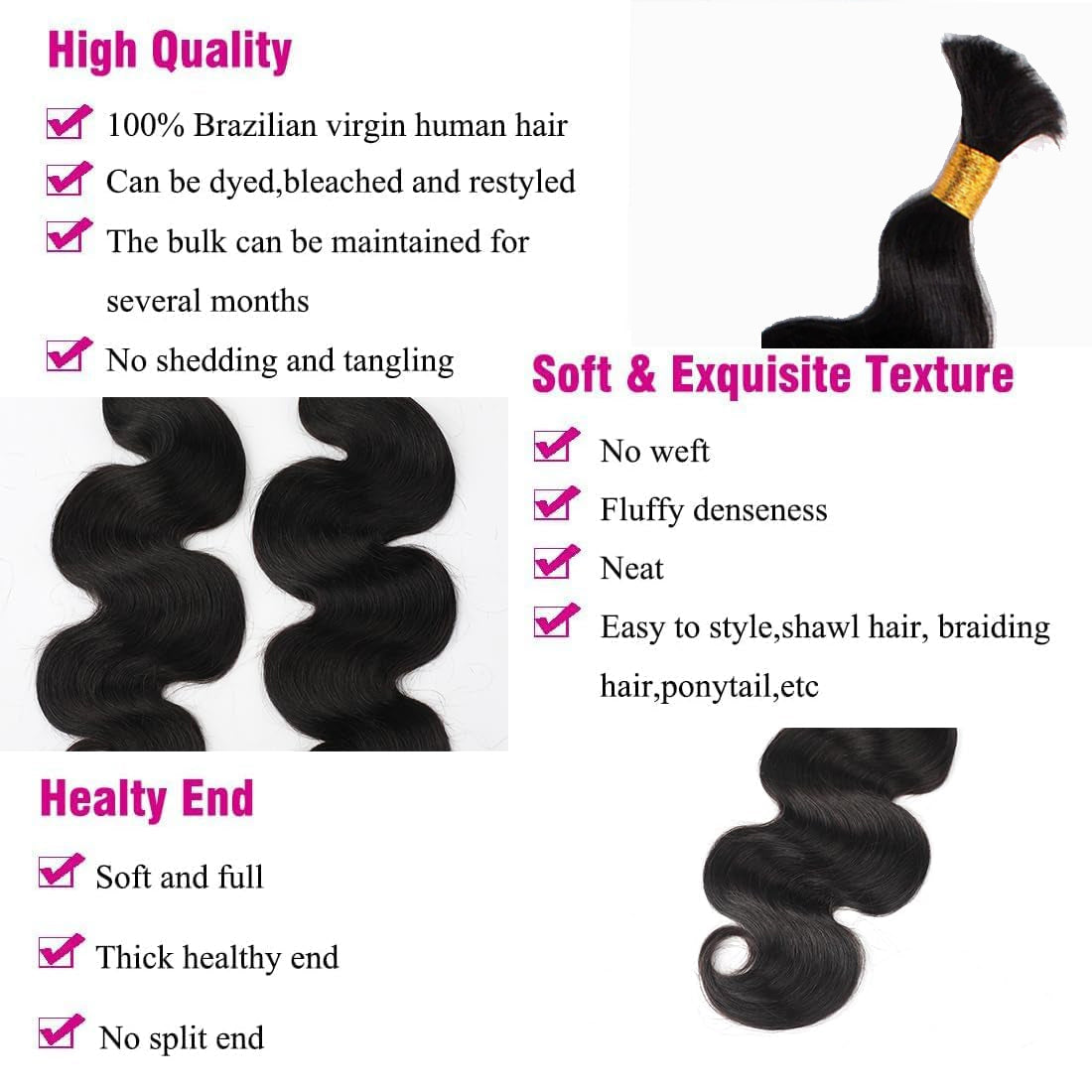 100% Human Hair Boho Braiding Hair - Body Wave Natural Black 100g/Bundle