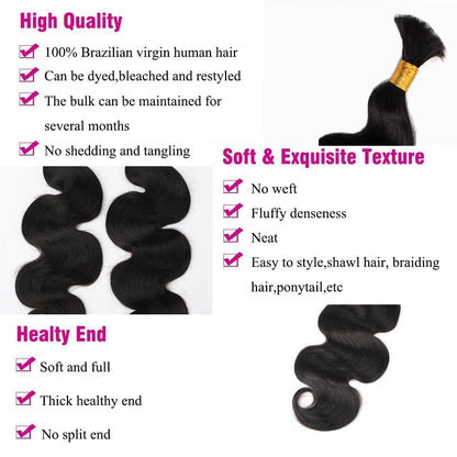 100% Human Hair Boho Braiding Hair - Body Wave Natural Black 100g/Bundle