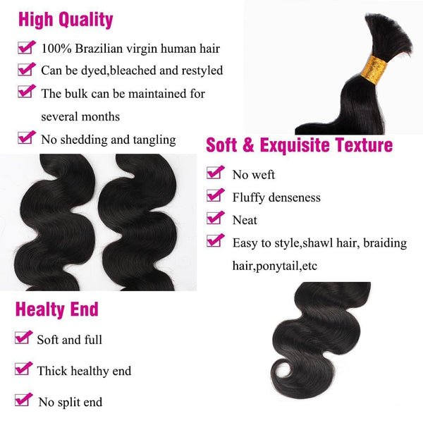 100% Human Hair Boho Braiding Hair - Body Wave Natural Black 100g/Bundle