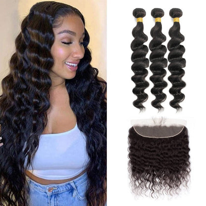 3 Bundles With 13x4 Lace Frontal Loose Wave Natural Black Brazilian Virgin Hair