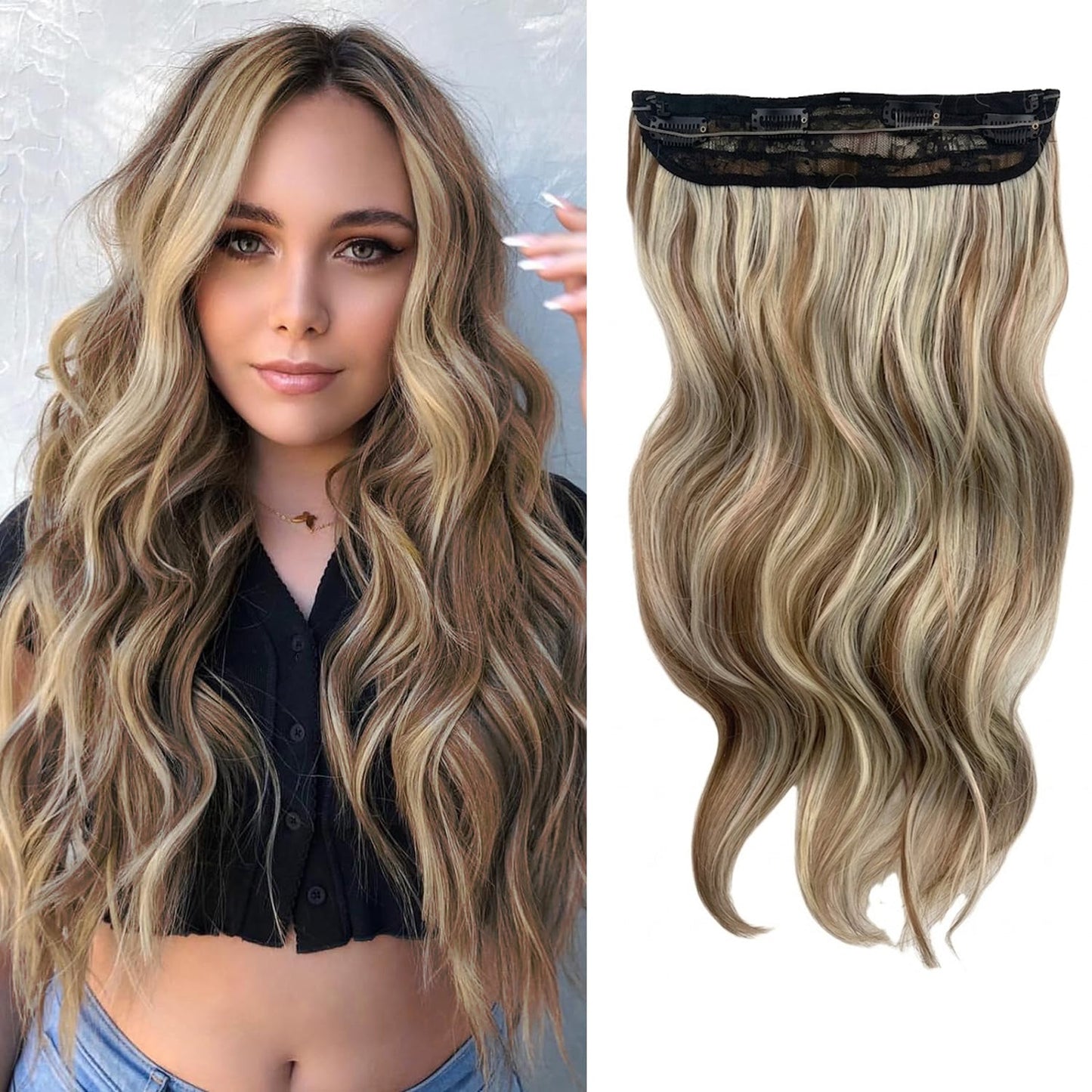 Halo Hair Extensions Invisible Wire Clip on Synthetic Wavy Hair Clip Ins 24 Inch – Lightweight, Easy Install, Natural Look
