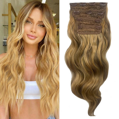 Clip in Long Wavy Synthetic Hair Extension 24 Inch 4PCS 220g Thick Hairpieces Fiber Double Weft Hair for Women – 23 Colors