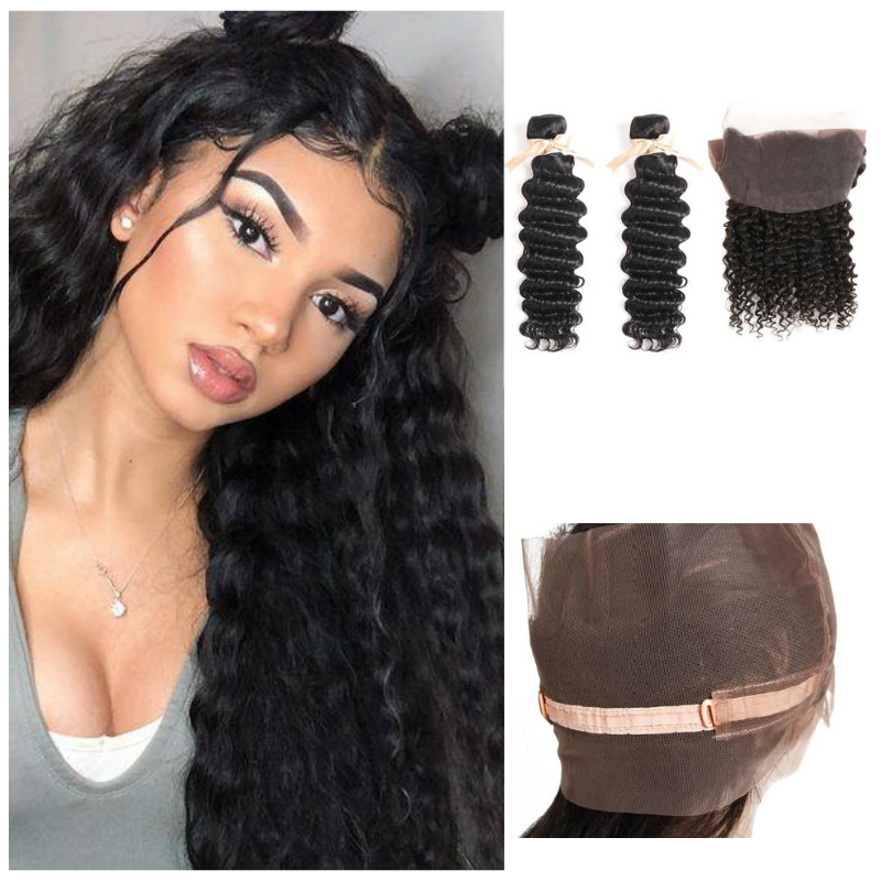 Ustar 7A Natural Black Virgin Deep Wave Hair 2 Bundles with 360 Frontal