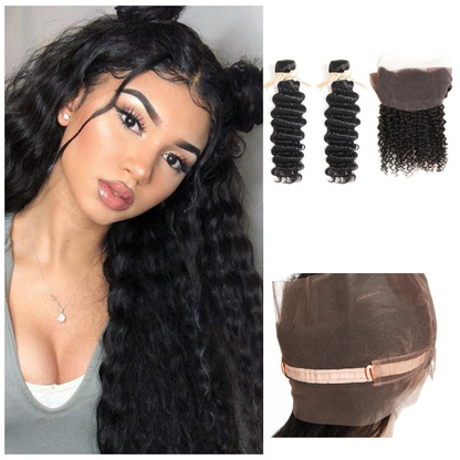 Ustar 7A Natural Black Virgin Deep Wave Hair 2 Bundles with 360 Frontal
