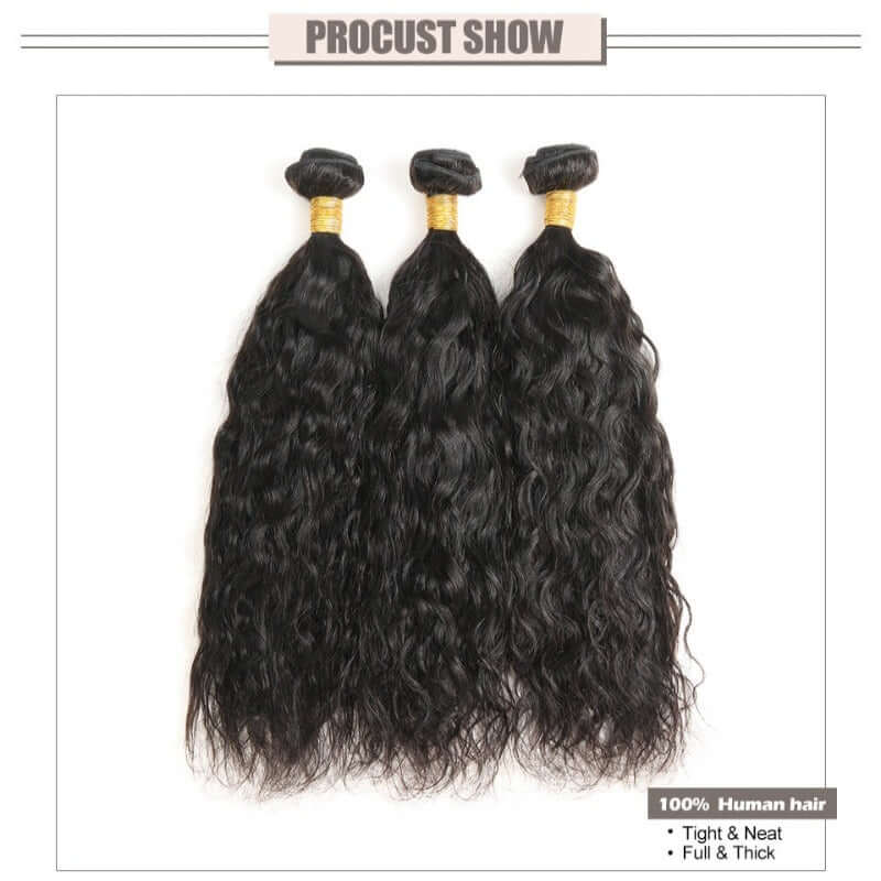 Natural Black Virgin Water Wave Hair  Bundles with Lace Closure