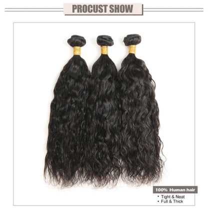 Natural Black Virgin Water Wave Hair  Bundles with Lace Closure