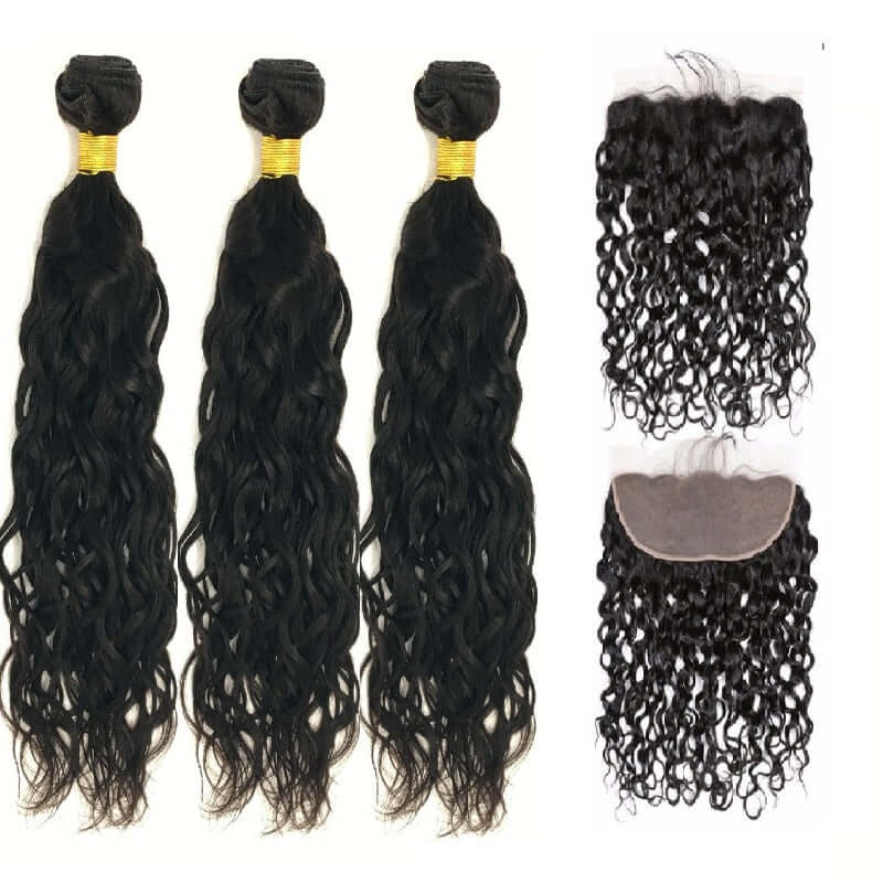 Natural Black Virgin Water Wave Hair  Bundles with Lace Closure