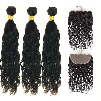 Natural Black Virgin Water Wave Hair  Bundles with Lace Closure