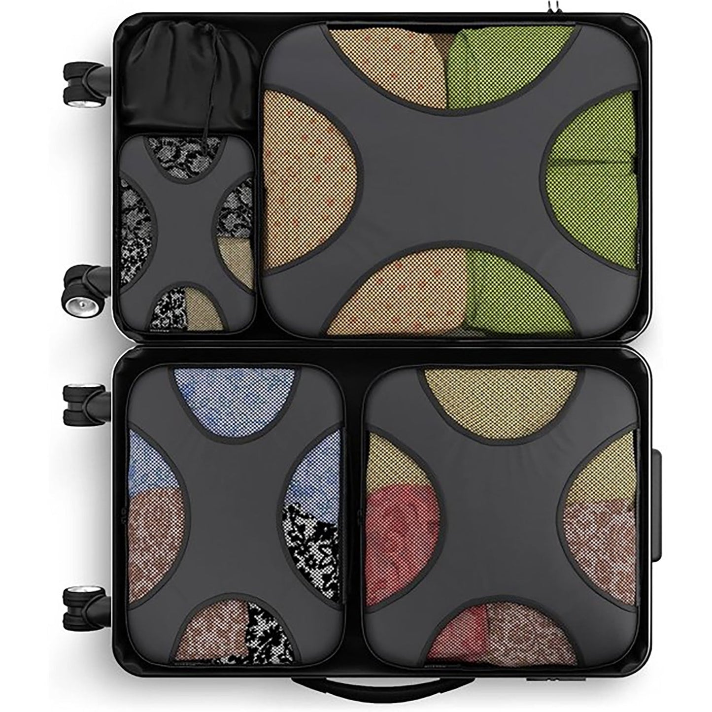 Black Gray Mesh 5 Set Packing Cube Organizers With Laundry Bag