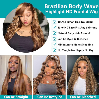 4/27 Highlight Body Wave Wig – 13x6 HD Lace Full Frontal Up To 42 Inch Human Hair
