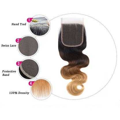 4X4 Lace Closure Body Wave Ombre (1B/427) 100% Human Hair Closure – Transparent Lace, Natural Roots