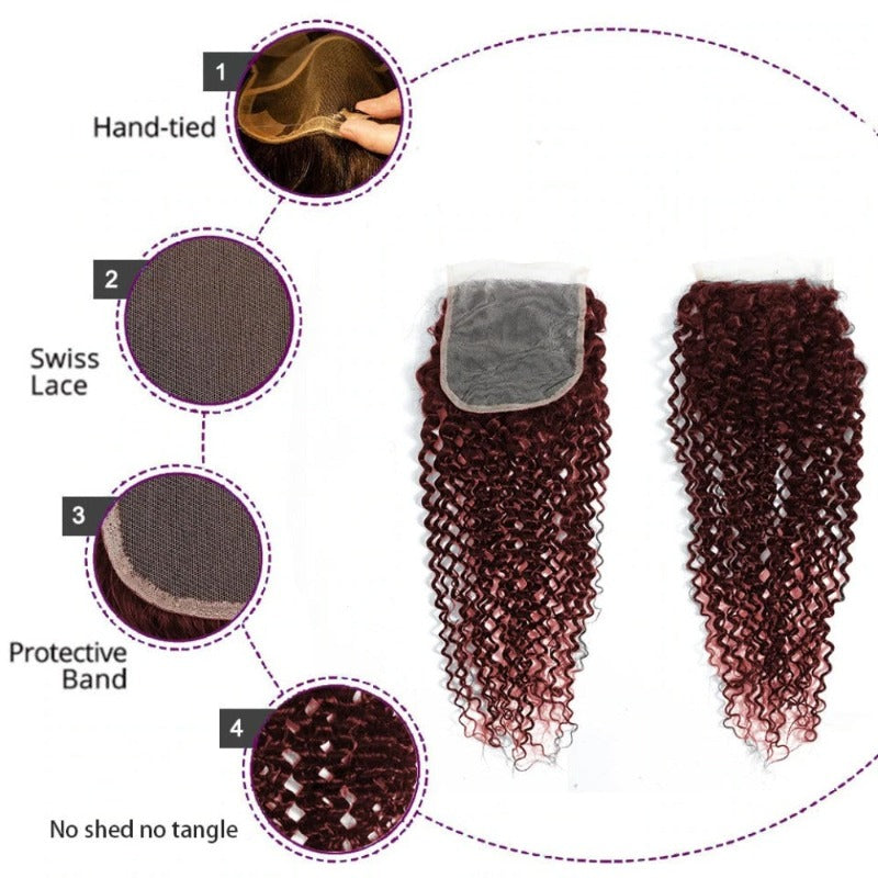 99J Burgundy 3 Bundles with 4x4 Lace Closure Jerry Curl 100% Unprocessed Virgin Hair