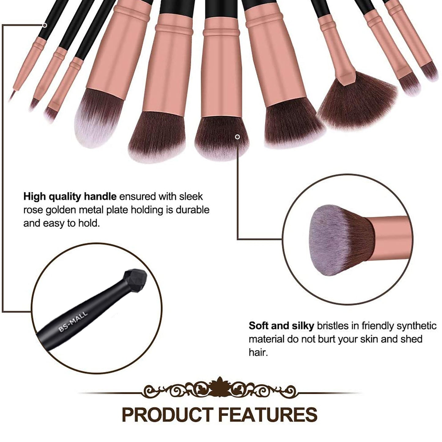 BS-MALL 16pcs Makeup Brushes  Premium Synthetic Professional Makeup Eye Brushes Kit(Rose Gold)