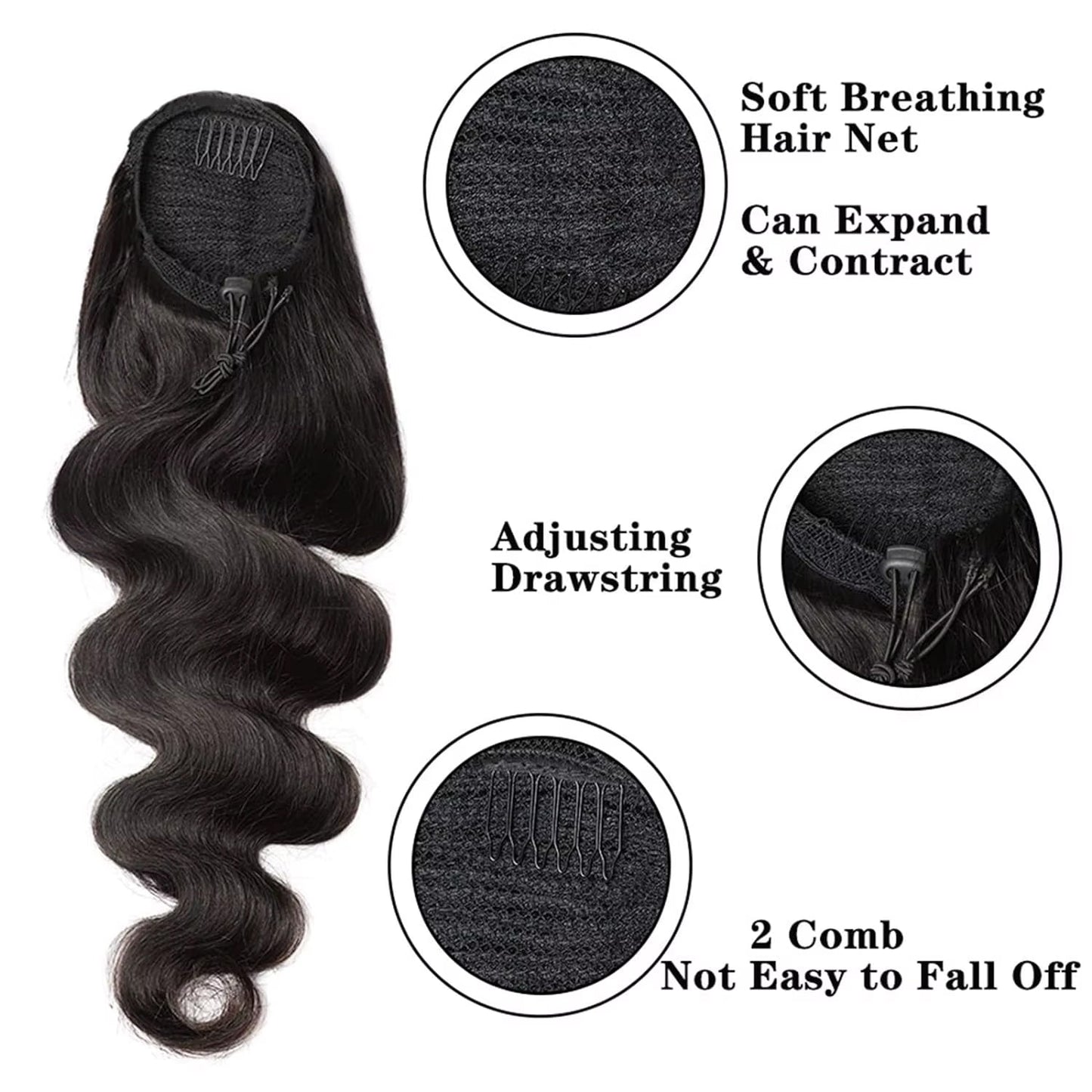 Mink Hair Clip in Draw String Ponytail Body Wave Deep Wave – 100% Human Hair, Adjustable Drawstring, Instant Glam