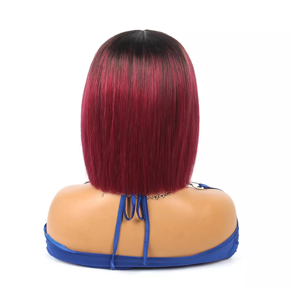 1B/99J Black & Burgundy Ombre Straight Short Bob Wig – 10 Inch Human Hair