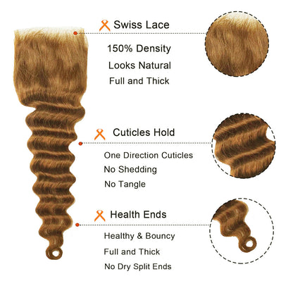 4X4 Lace Closure Loose Deep Honey Blonde (#27) Color 100% Human Hair Closure – Transparent Lace, Warm Tone