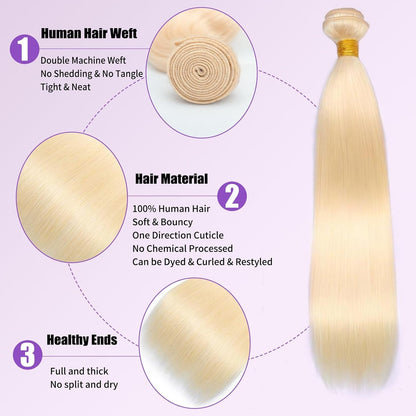 Premium 613 Gloden Blonde Hair Straight Unprocessed 100% Human HairAsh Blonde Color | Single Donor Cuticle Intact Virgin Remy Bundles