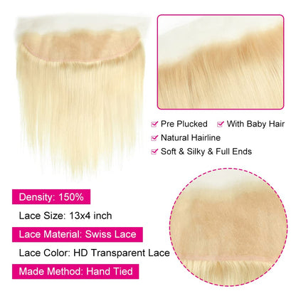 13x4 HD Lace Frontal 613 Blonde Straight 100% Human Hair Swiss Lace, Skin-melt Lace, Invisible Lace – Ear to Ear
