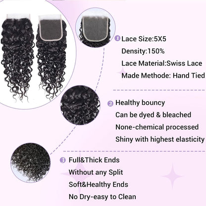 5x5 HD Lace Closure Water Wave – Brazilian Natural Virgin Remy Human Hair | Pre-Plucked, Skin-Melt HD Lace