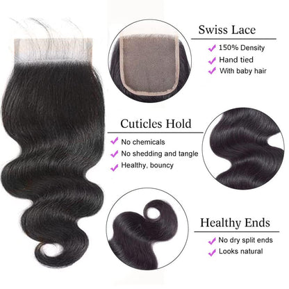 4x4 HD Lace Closure Body Wave – 100% Unprocessed Brazilian Virgin Human Hair | Pre-Plucked, Skin-Melt HD Lace