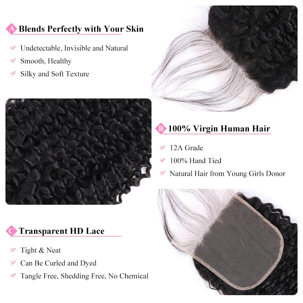 5x5 Transparent Lace Jerry Curl Lace Closure Brazilian Virgin Human Hair | Free Part, Bleached Knots