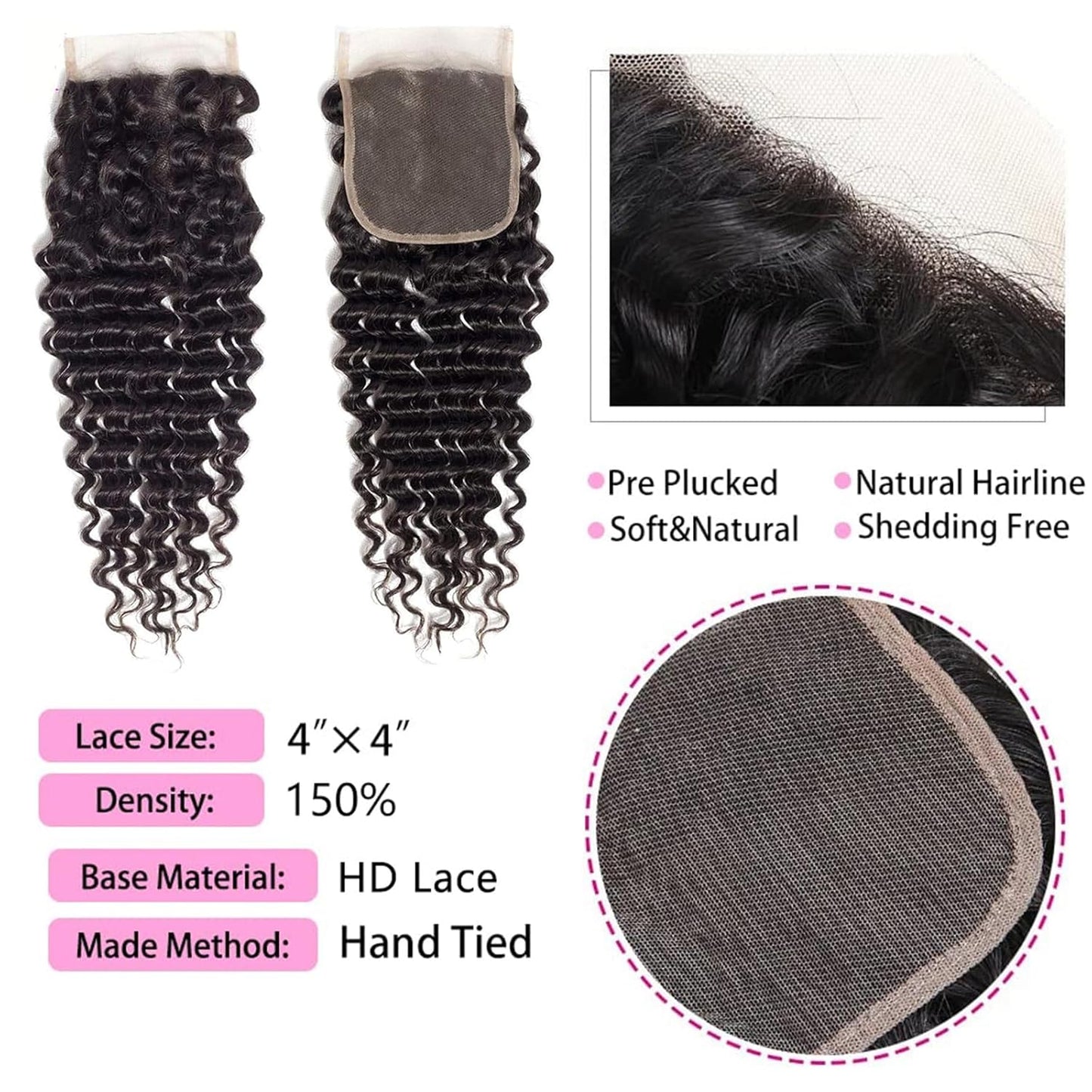 4x4 Lace Transparent Lace Closure Deep Wave Virgin Natural Human Hair | Bleached Knots, Free Part