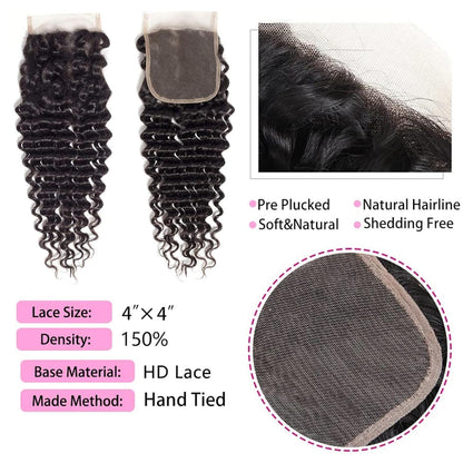 4x4 Lace Transparent Lace Closure Deep Wave Virgin Natural Human Hair | Bleached Knots, Free Part