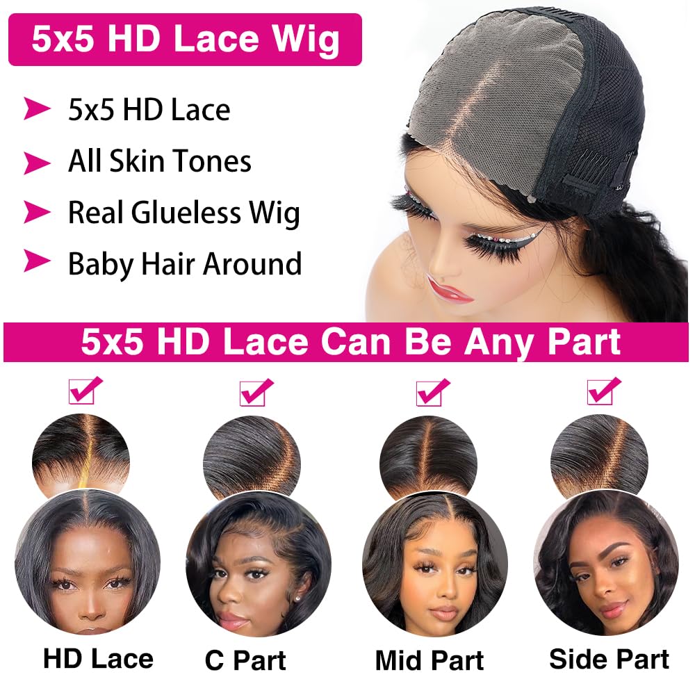 5x5 HD Lace Closure Wig Body Wave Human Hair Swiss Lace, Skin-melt Lace, Invisible Lace