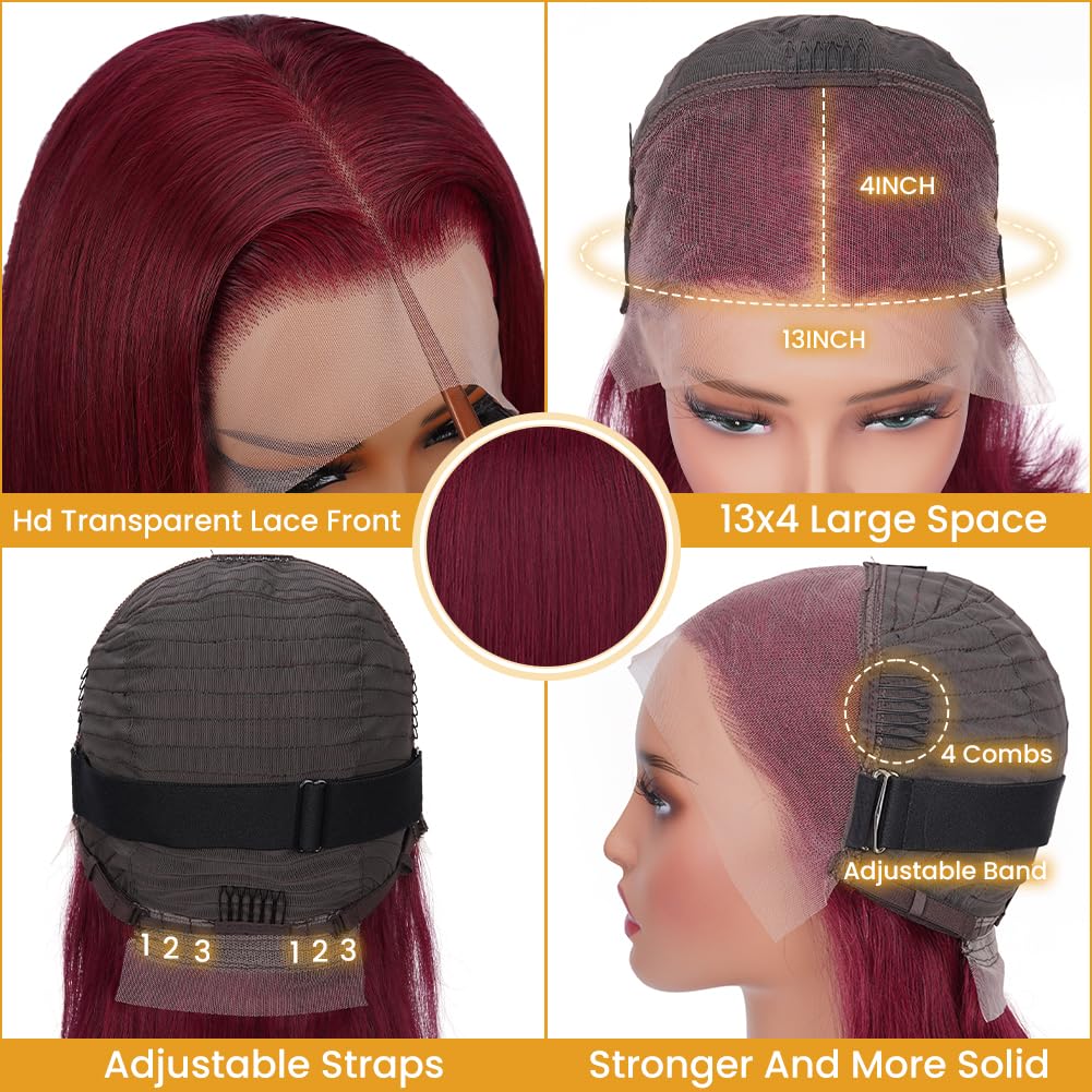 99J Burgundy Straight Short Bob Wig – 13x4 & 13x6 Transparent Lace Front Human Hair