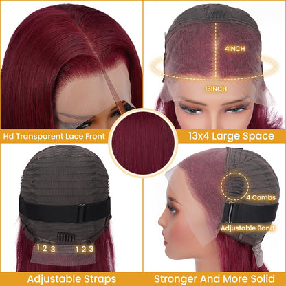 99J Burgundy Straight Short Bob Wig – 13x4 & 13x6 Transparent Lace Front Human Hair