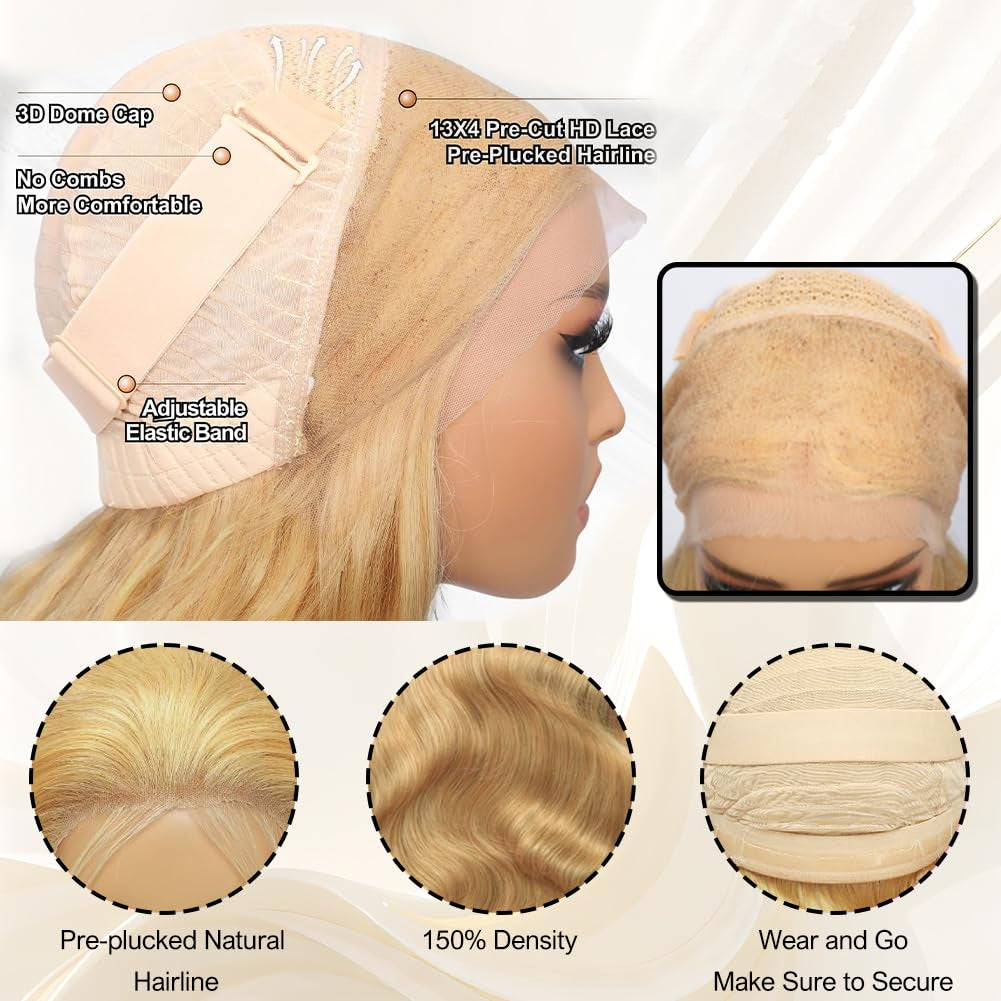 Glueless Lace 13x4 Frontal Wig Color Blonde(613) Body Wave 180 Density Wear and Go Human Hair Wig
