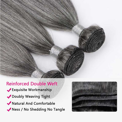 Salt Pepper Straight 100% Human Hair Blended Bundles Color #51 | Gray Hair Extensions Heat Safe 200°F Thick & Full