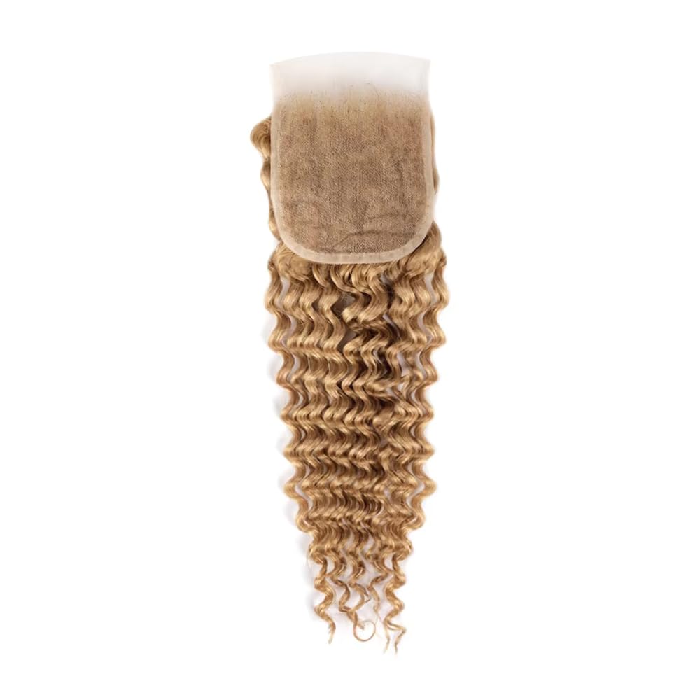 4X4 Lace Closure Deep Wave Honey Blonde (#27) Color 100% Human Hair Closure – Transparent Lace, Warm Tone