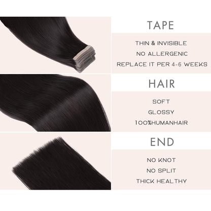 Premium Tape-in Human Hair Natural Color Straight – 20Pcs/Pack, Virgin Raw Hair, No Tangle, Seamless Blend