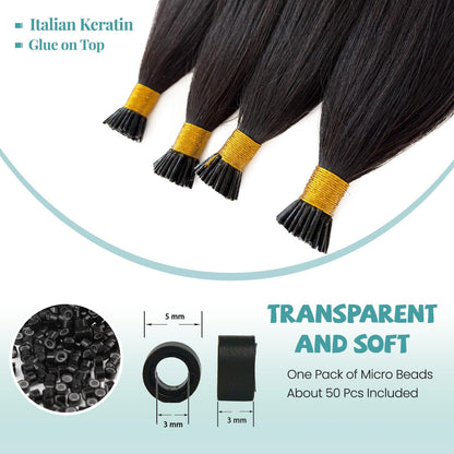 I-tip Premium Hair Extensions Natural Black Straight – 100% Human Hair, Pre-Bonded, 18"-24"