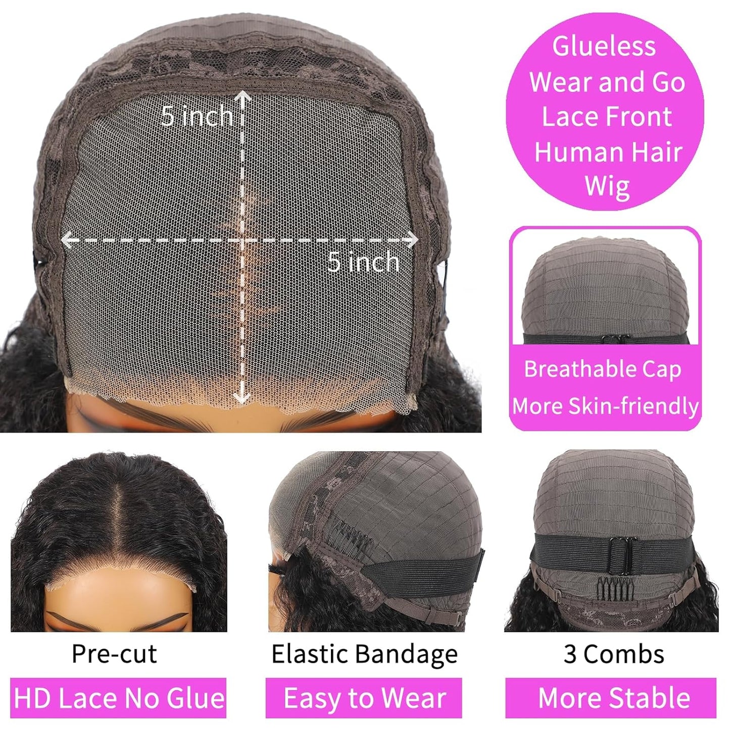 5x5 Lace Wear to Go Glueless Wig Water Wave  Closure Wig 100 Virgin Human Hair Natural Color Swiss Lace, Skin-melt Lace