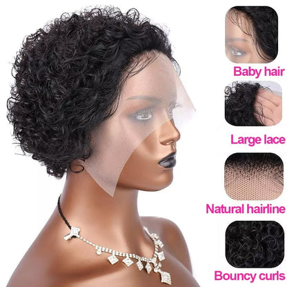 Natural Black Short Curly Bob Wig – 13x1 Lace Front 100% Human Hair