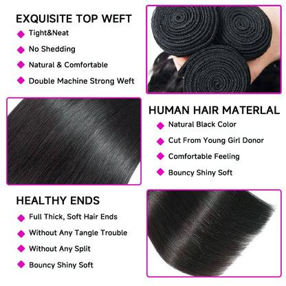 12A Premium Indian Straight Hair Bundles – Jet Black #1 Silky Unprocessed Human Hair Extensions | Machine Double Weft 10"-24"