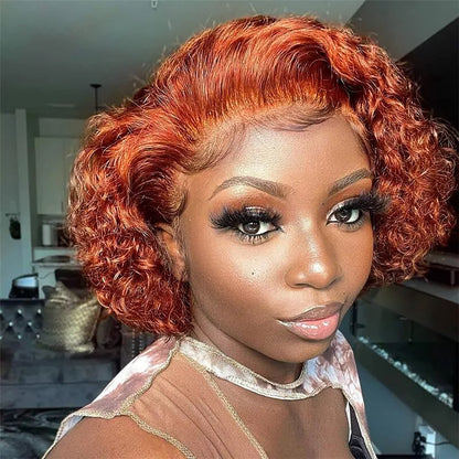 Orange Short Curly Bob Wig – 13x1 Lace Front 100% Human Hair