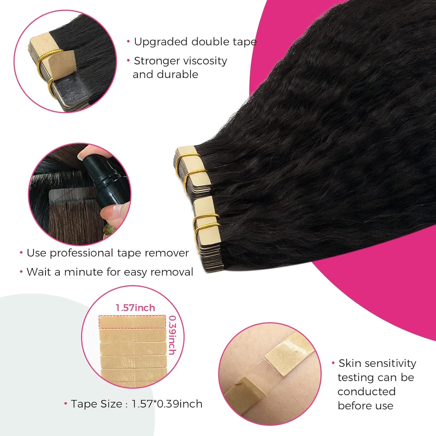 Premium Tape-in Human Hair Natural Color Kinky Straight – 20Pcs/Pack, Virgin Raw Hair, No Tangle, Seamless Blend
