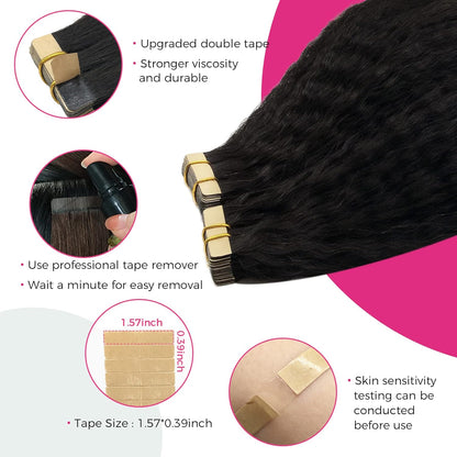 Premium Tape-in Human Hair Natural Color Kinky Straight – 20Pcs/Pack, Virgin Raw Hair, No Tangle, Seamless Blend