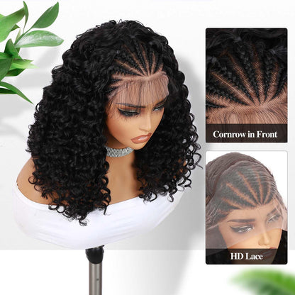 Fancy Hair Cornrow with Curly Braided Wig, Baby Hair Glueless Transparent 13x4 Inch Lace Frontal Wig for Black Women 12 to 16 inches