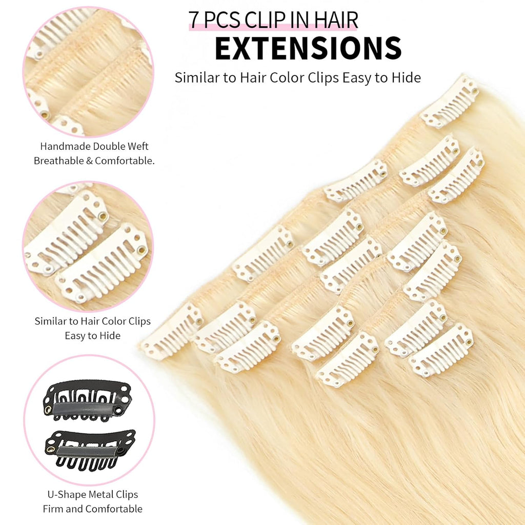 High Quality Clip In Blonde (#613) Straight Hair Extensions 100% Human Hair – Sun-Kissed Blonde, Seamless Blend, Easy Install