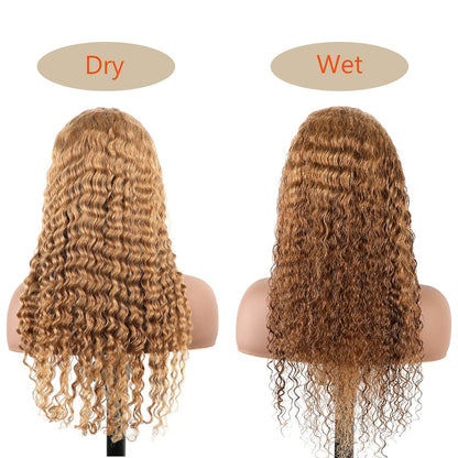Transparent Lace 13X4 Frontal Wig Color Honey Blonde (#27) Deep Wave 200 Density 100 remy Human Hair